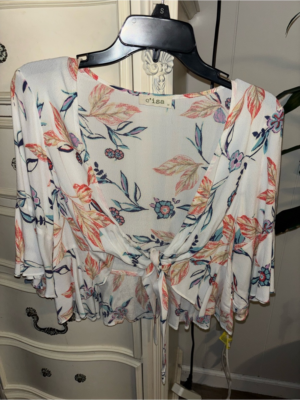 White Floral Tie-Front Women's Top